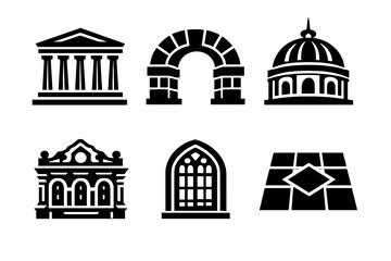 Bold Architecture Icons. Classic architecture icon set in silhouette bold style. Contain columned building, stone arch, domed roof, ornate facade, historic window, tiled floor