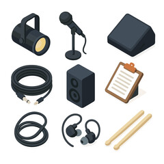 Isometric Stage Gear. Groovenight Stage Elements set in isometric flat vector : spotlight, mic stand, stage monitor, setlist clipboard, cable coil, speaker block, in-ear monitor, drumstick pair