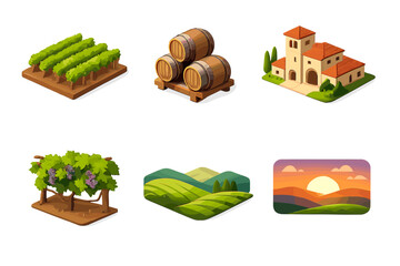Isometric Winery Icons. Winery estate set in isometric flat vector : vineyard rows, wine barrels, winery building, grape vines, rolling hills, sunset horizon
