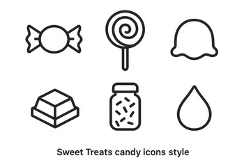 Candy Icon Collection. Sweet Treats candies set in outline vector style: wrapped candy, lollipop, gummy shape, chocolate piece, sugar sprinkle jar, caramel drop