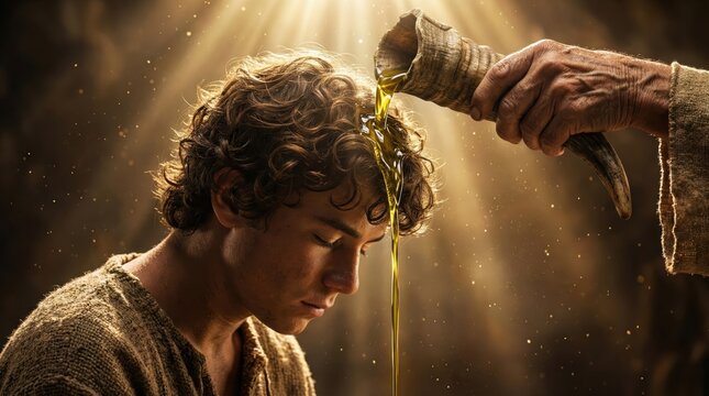 Ancient ritual of anointing the king with holy oil from a horn biblical scene