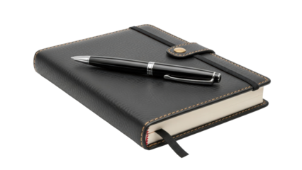 Black notebook and pen on a white background at a workspace ready for writing