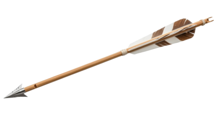 Traditional arrow with feather fletching and sharp metal tip lying horizontally on a plain background