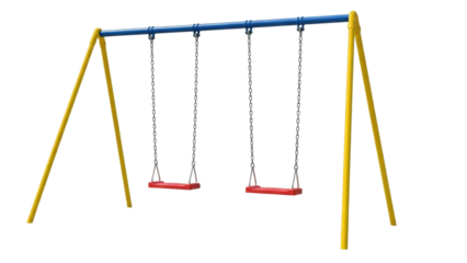 Two swings on a playground set in a park with colorful frame during sunny day