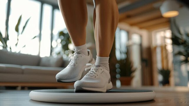 Person exercising on a balance trainer in a bright living room  