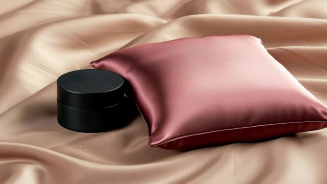 Satin pillowcase and black jar on smooth beige fabric background  