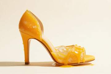 Designer shoe made of frozen orange juice ice symbolizing the ephemeral nature of summer fashion. Concept of refreshment, citrus aesthetics, and playful luxury footwear