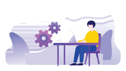Person seated at desk working on laptop with gears in background side view illustration productivity and workflow concept