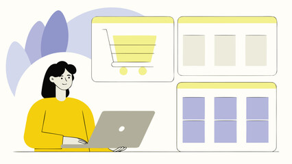 Woman working on laptop with e commerce website templates and shopping cart illustration in a modern flat design style