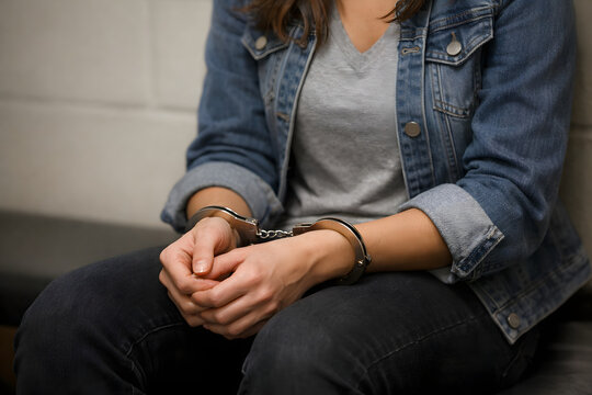 College-Aged Woman in Handcuffs, Criminal Defense Concept, Face Not Visible