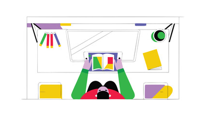 Person sitting at desk holding tablet with color palette top down perspective minimalist workspace with office supplies