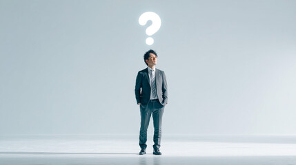 頭上に疑問符が浮かぶスーツ姿のビジネスマン
