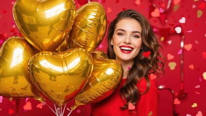 Happy smiling woman holding gold heart-shaped balloons. Cheerful girl celebrating on a red background with falling confetti. Valentine's Day party concept