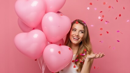 Happy woman holding pink heart balloons under falling confetti. Smiling girl celebrating Valentine's Day on pink background