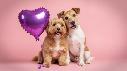 Two cute dogs sitting together with a purple heart shaped balloon on a pink background. Happy Valentine's Day concept with Jack Russell Terrier and Havanese puppy. Copy space