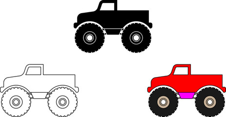 Set of three monster truck icons including silhouette, line art, and colored versions © Sutana