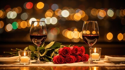 Romantic dinner setting with two glasses of red wine and red roses. Candlelight date night with bokeh city lights background. Valentine's Day celebration