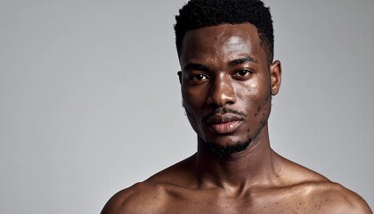 A focused close-up of a dark-skinned individual with short, textured hair. The person gazes directly at the viewer with an intense expression