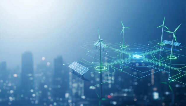 Connections between solar panels and windmills glow over blurred city