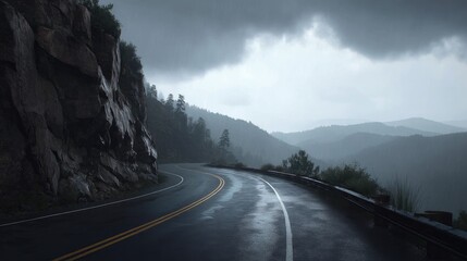 Winding Mountain Road Under Dramatic Rain Clouds with Lush Greenery and Rocky Terrain in Serene Natural Landscape