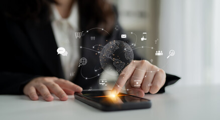 Visualization of global digital communication and online across multiple platforms, including global network, digital network, communication network, and online network. Latch