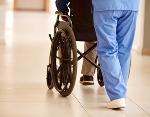 明るい介護施設のフロア。介護士が利用者の車椅子を丁寧に押し、目線を合わせて優しく声をかけている。自然光が差し込み、清潔で落ち着いた空間