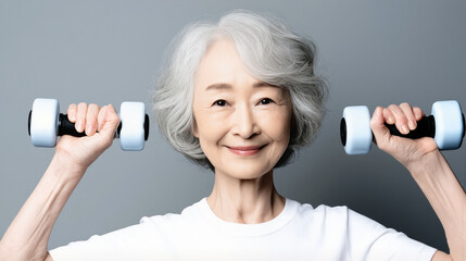 A woman holds a dumbbell in each hand while lifting them above her head. She stands in a gym with a light background and smiles widely, showing her healthy lifestyle and joyful attitude