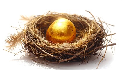 A close-up view of a meticulously crafted bird nest, cradling a single, gleaming golden egg. Soft feathers add to the scene's charm
