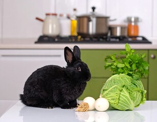 A glossy black bunny surveys a kitchen table. Next to it sit a green head of cabbage and onions. A pot and stove are in the blurred background