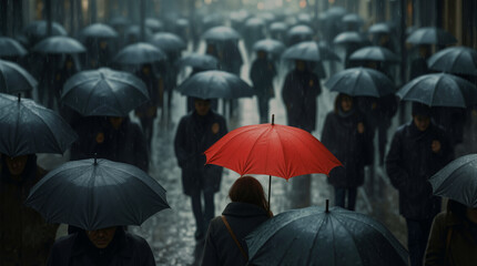 Many people stroll through a city street during a rainy day. Most of the crowd carries dark umbrellas while one person stands out with a red umbrella. The wet pavement reflects the muted colors around