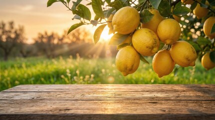 Ripe lemons hanging from a tree branch in golden hour sunlight with a wooden table in foreground