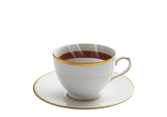 transparent fine porcelain teacup with gold rim, matching saucer, hot dark amber black tea, wispy steam, isolated on transparent background, ample copy space. Concept for beverage advertising