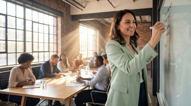 Businesswoman writing on whiteboard in modern office with colleagues in background
