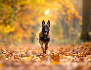 A focused dog sprints directly toward the viewer along a leaf-strewn path in a vibrant autumn forest, eyes locked ahead