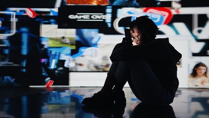 Person addicted to smartphone, looking at internet video channels, isolated over digital backdrop. African american woman enjoying metaverse video content on device, 360 degrees rotation, camera A