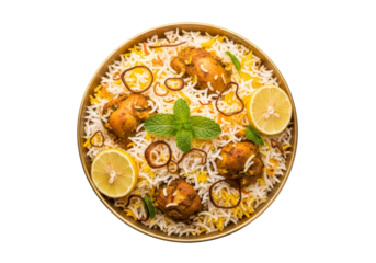 crispy chicken rice bowl with lemon mint garnish