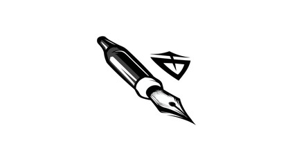 Elegant fountain pen illustration with abstract shield icon, symbolizing writing, creativity, communication, and digital security
