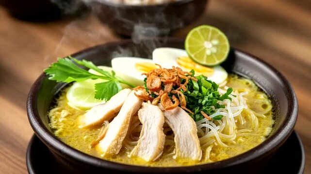 Delicious bowl of chicken noodle soup with herbs