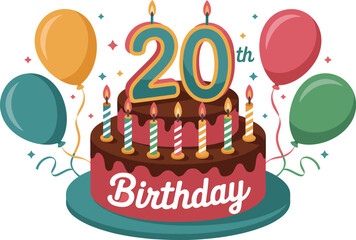 Vibrant 20th birthday cake with colorful balloons and candles