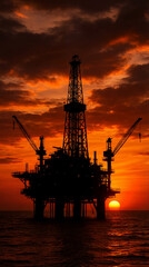 Obraz premium An oil rig is visible silhouetted against the sunset sky over the ocean. The sun is setting on the horizon, creating a striking view of an industrial landscape