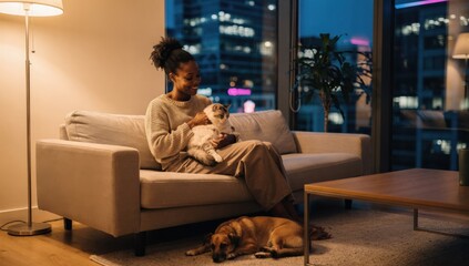 Obraz premium Woman relaxing on couch with cat and dog in modern apartment at night