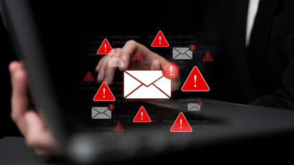 Concept of a cybersecurity warning for unsafe email communication. This alert signifies a phishing attack, spam, or malware risk that requires immediate attention to prevent fraud. Fermion
