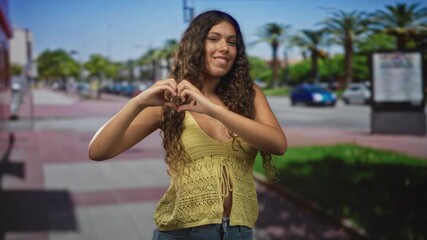 Hispanic teenage woman making a heart shape with her hands on a busy street lined with palm trees and parked cars; love friendship joy.