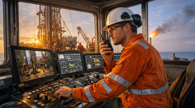 A worker sits at a control panel on an oil rig. He talks into a radio while controlling drilling equipment and watching monitors. The sunset casts an orange light over the scene