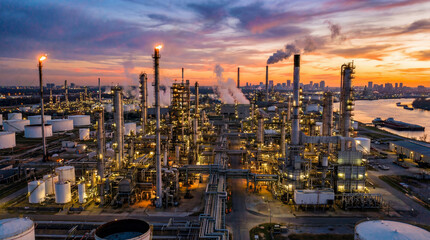 Workers manage various processes at an oil refinery as the sun sets. Smoke rises from tall chimneys, and lights provide visibility in the evening sky above the industrial complex