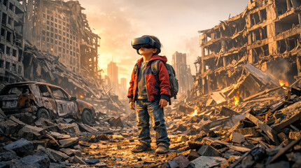 A child stands in a ruined city wearing a virtual reality headset. The sun sets behind damaged buildings, casting shadows on the debris and abandoned vehicles