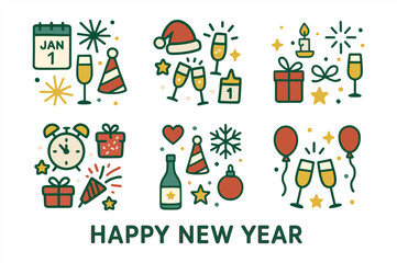 Fototapeta premium New year celebration icons with balloons, champagne, and party elements