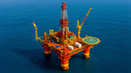 An oil rig sits in the ocean under a clear sky. Workers operate on the platform, managing equipment for drilling. Machinery is visible, showing the process of oil extraction