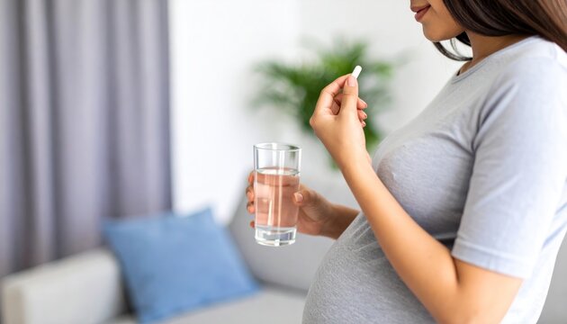 Pregnant woman taking prenatal vitamins or medication with a glass of water at home