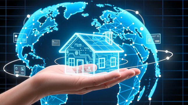 A hand is holding a digital model of a house with solar panels. The background shows a blue and black globe with network lines and data icons at night - Powered by Adobe